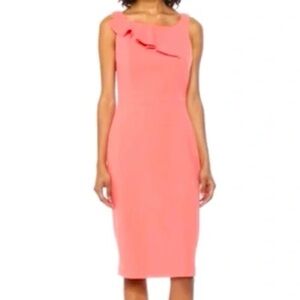 Calvin Klein Women 8 Coral Sleeveless Ruffle Neckline Career Sheath Dress NWT